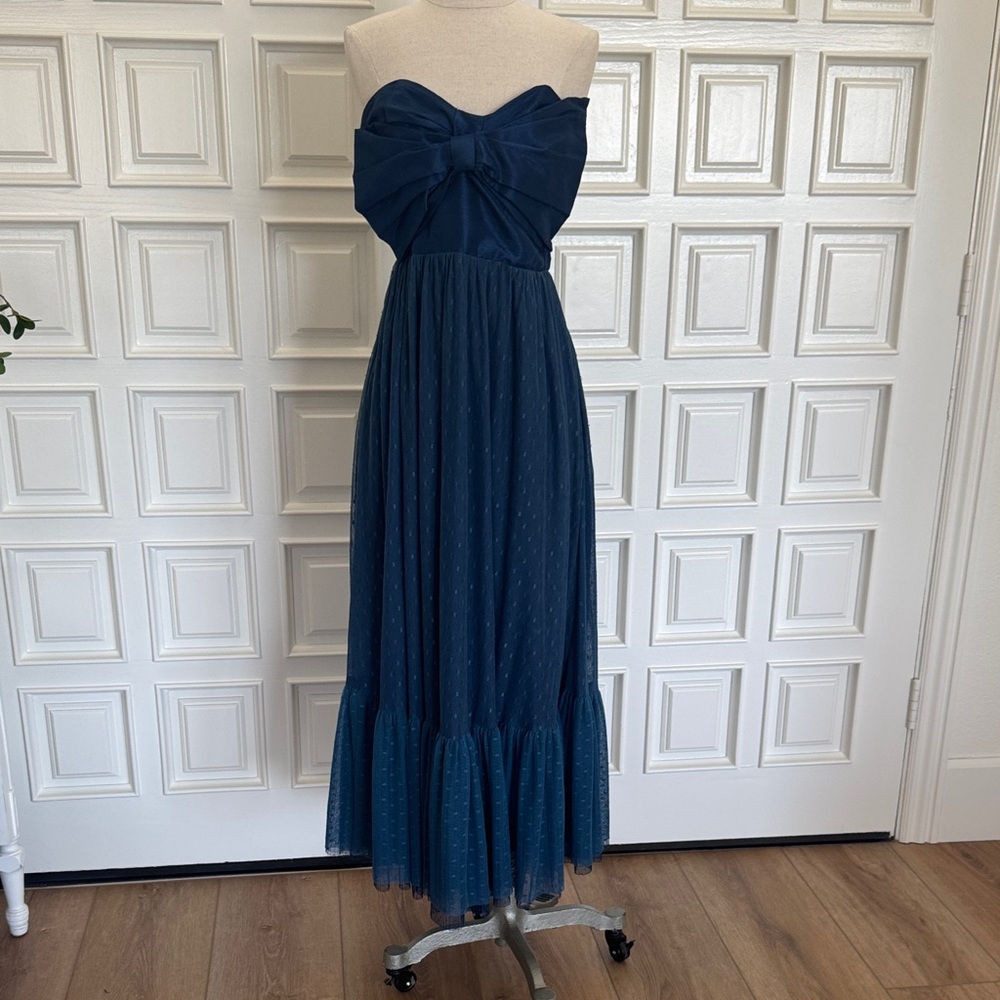 HUTCH Bowtie Strapless Midnight Blue Bow-Front Midi Dress, Size 4